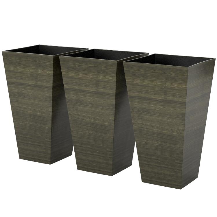 Three tall dark brown faux wood outdoor planters, rectangular shape