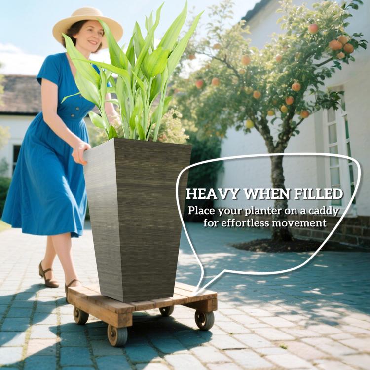 Tall dark brown wood-look plastic planter on a cart with a leafy plant