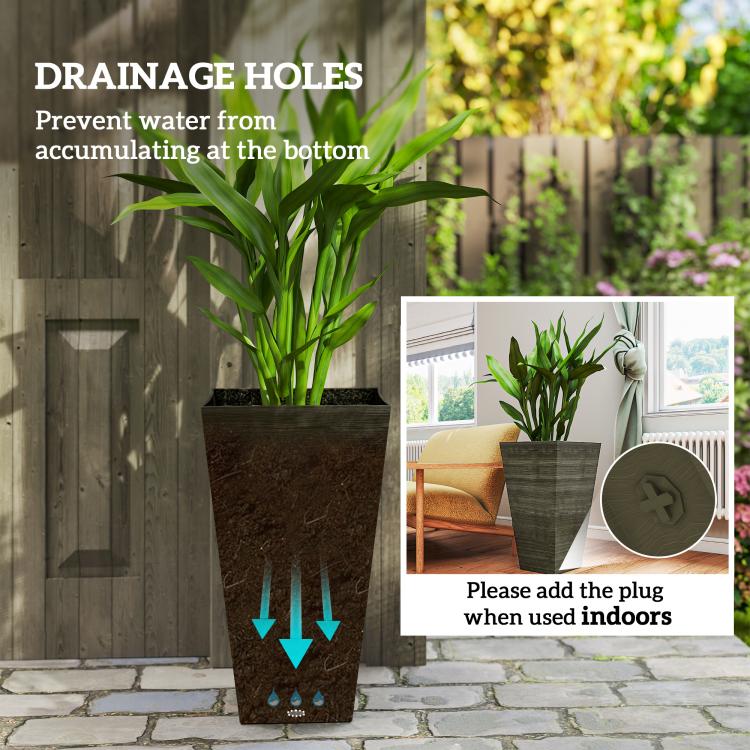 Tall dark brown wood-look plastic planter with drainage holes, shown with close view