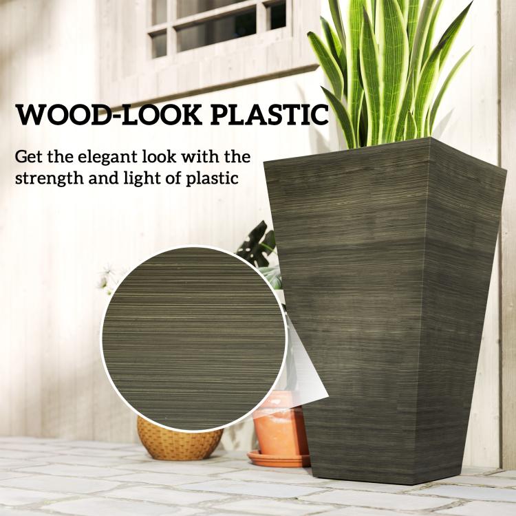 Tall dark brown wood-look plastic planter with wood-grain texture