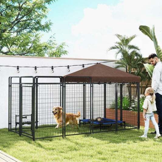 Outdoor dog kennel with brown canopy roof and steel mesh panels, with two dogs and people