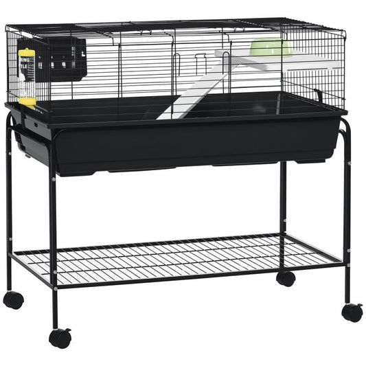 Black two-story small animal cage with front ramp and removable base tray