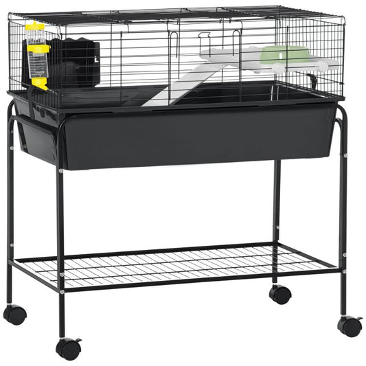 Charcoal gray two-story small animal cage with wire mesh sides and rolling stand