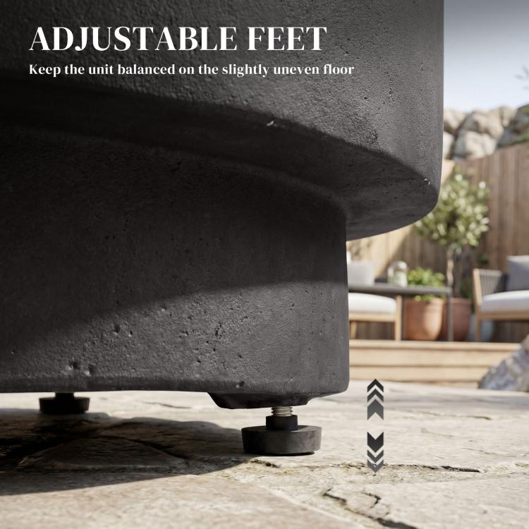 Underside of dark gray round side table showing adjustable feet for uneven floors