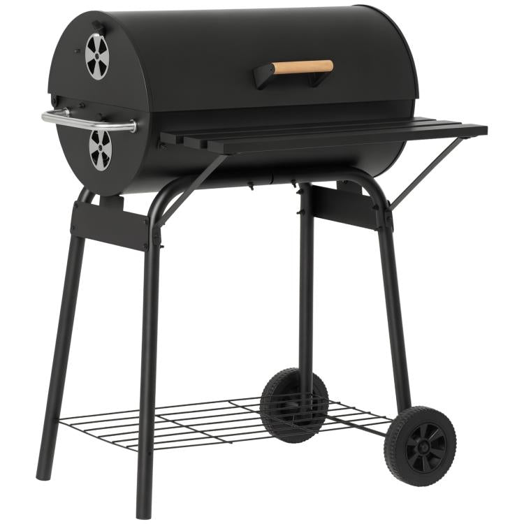 Charcoal barbecue grill with lid, side handle, and two front wheels on legs