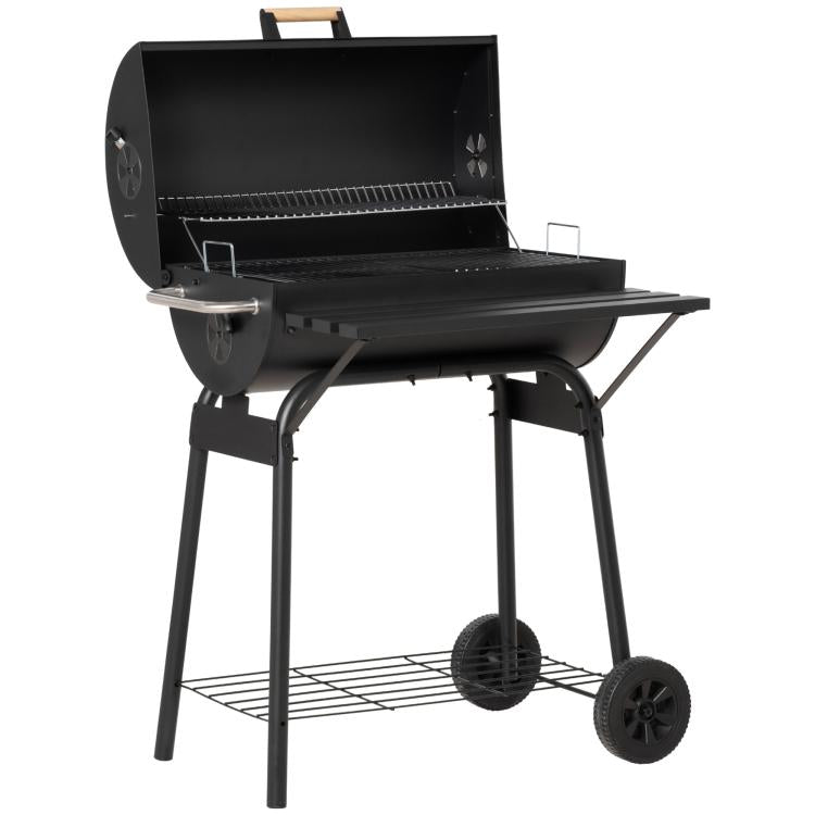 Charcoal barbecue grill with open lid and cooking grate, on legs with wheels