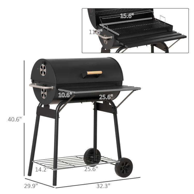 Charcoal barbecue grill with lid and adjustable cooking rack, side view