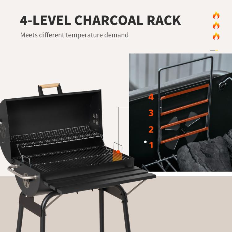 Charcoal barbecue grill with multi-level charcoal rack inside open firebox