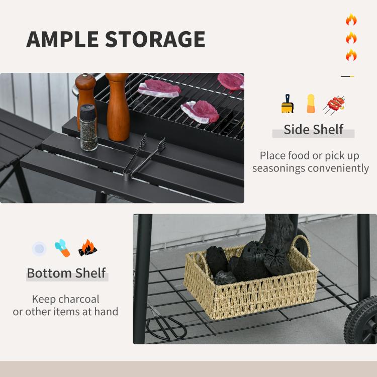 Charcoal barbecue grill with side shelf and bottom shelf for tools or charcoal