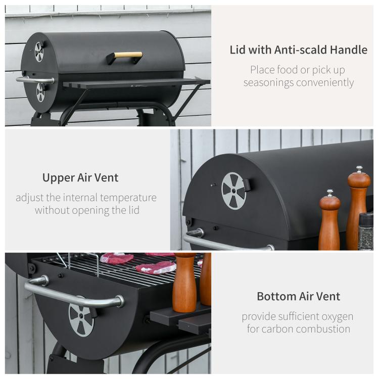 Charcoal barbecue grill with anti-scald lid handle and air vents