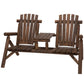 Carbonized wood Adirondack patio bench with center coffee table, side view