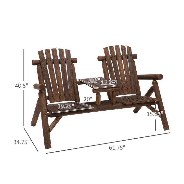 Carbonized wood Adirondack patio bench with center coffee table, size diagram