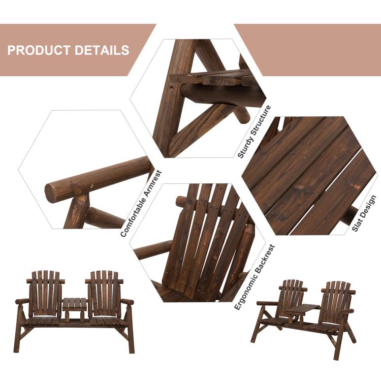 Carbonized wood Adirondack bench with center table, product design detail
