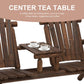 Center tea table between Adirondack seats on carbonized wood bench
