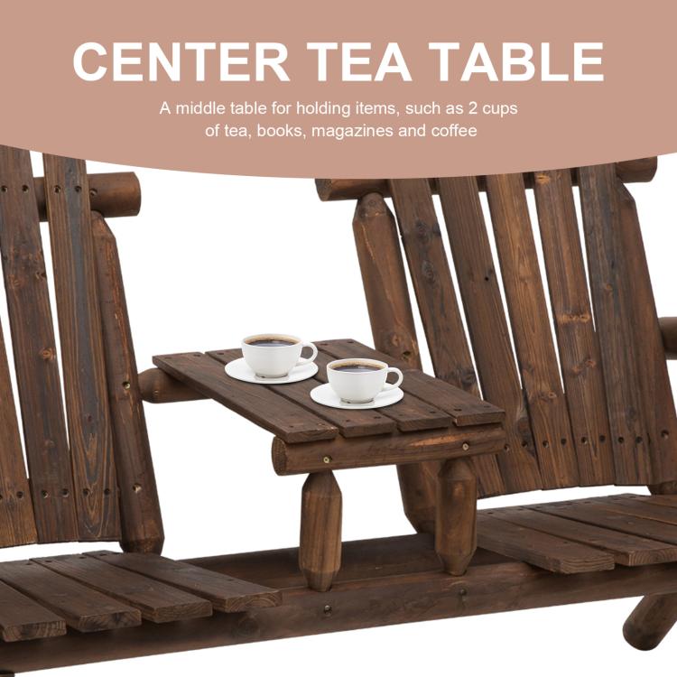 Center tea table between Adirondack seats on carbonized wood bench