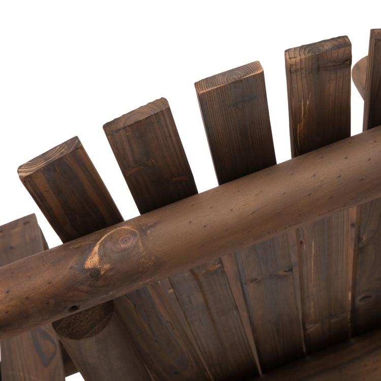 Carbonized wood Adirondack bench backrest slats and arm support detail