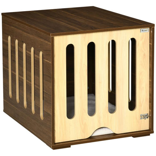 Brown dog crate end table with vertical slat doors and open front panel