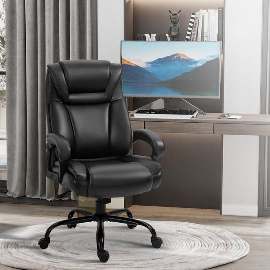 Black PU leather-look executive office chair with high back, armrests, and swivel wheels