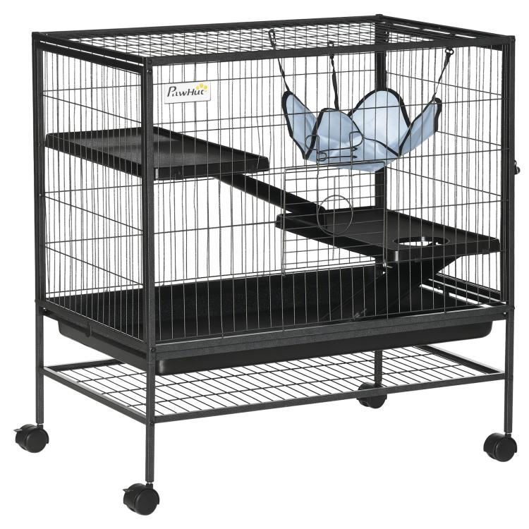 Black wire small animal cage with 3 levels, ramp, and blue hammock