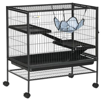 Black wire small animal cage with 3 levels, ramp, and blue hammock