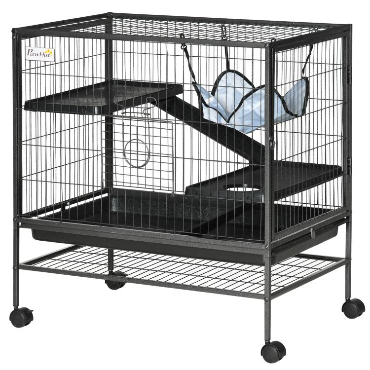 Black wire small animal cage with ramp and blue hammock, multi-level interior