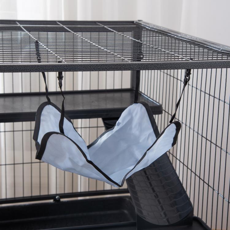 Wire small animal cage with removable fleece hammock, ramp, and black plastic base