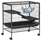 Black small animal cage with wheels, multi-level shelves, and hanging hammock accessory