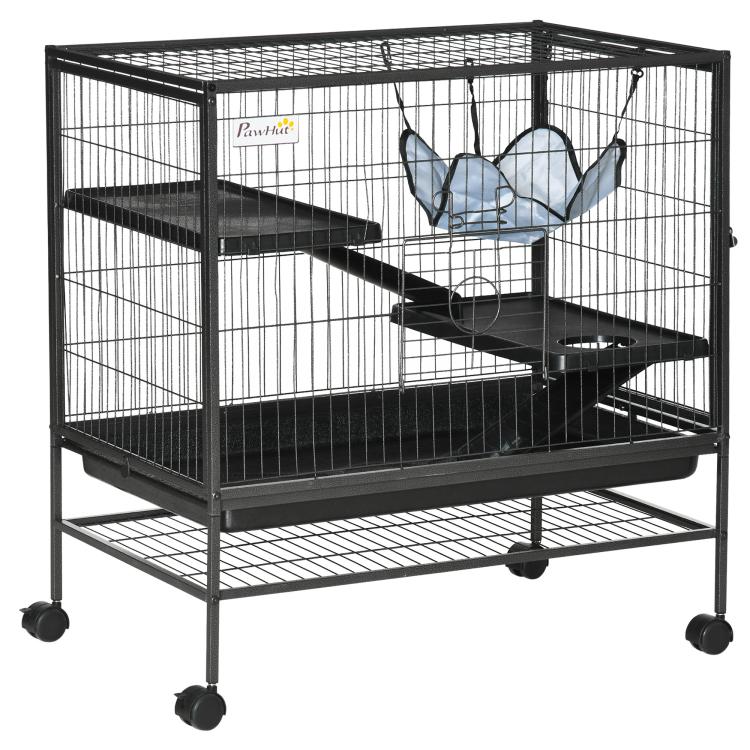 Black small animal cage with wheels, multi-level shelves, and hanging hammock accessory