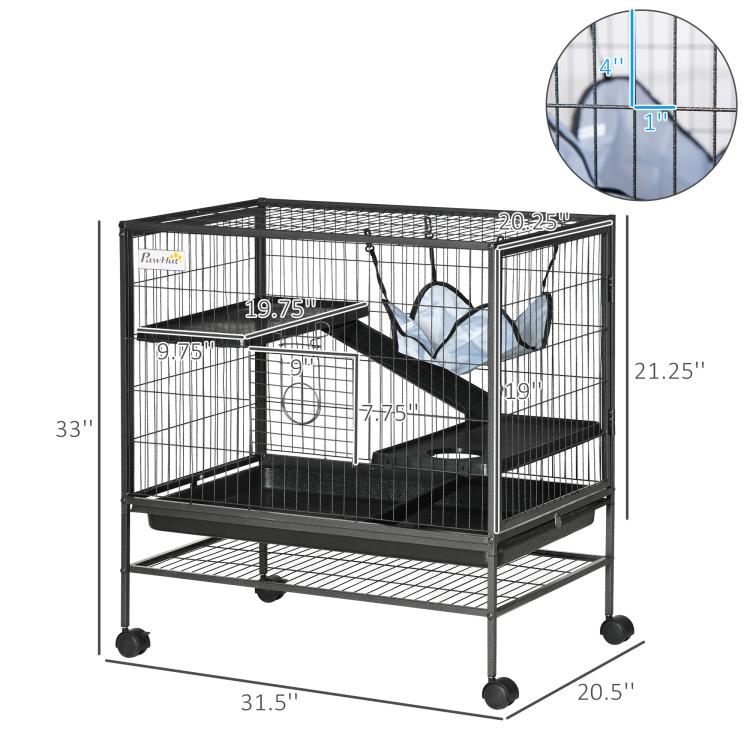 Black wire small animal cage with ramp, storage shelf, and blue hammock