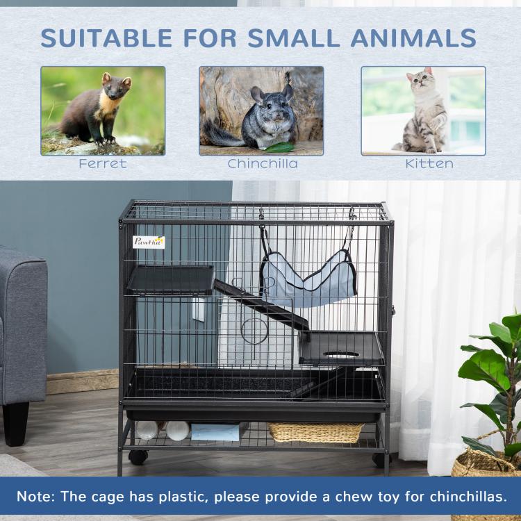 Black wire small animal cage with ramp, blue hammock, and bottom storage shelf