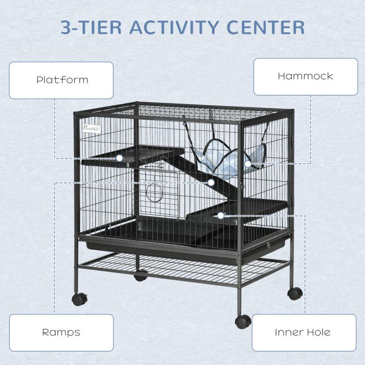3-tier black wire activity cage with ramps, blue hammock, and inner access hole