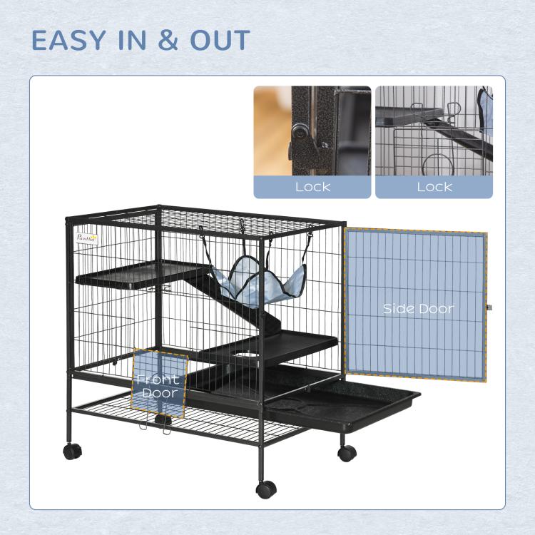 Lockable small animal cage with front and side doors and ramp