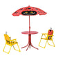 Red ladybug kids umbrella with round table top and two yellow folding chairs, side view