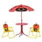 Ladybug-themed kids table and two folding chairs with red umbrella