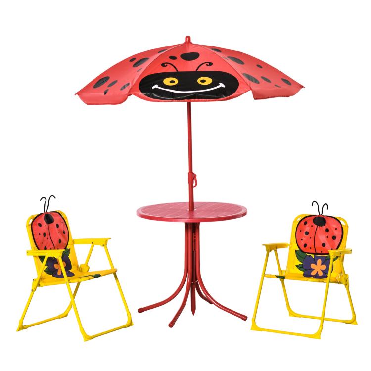 Ladybug-themed kids table and two folding chairs with red umbrella