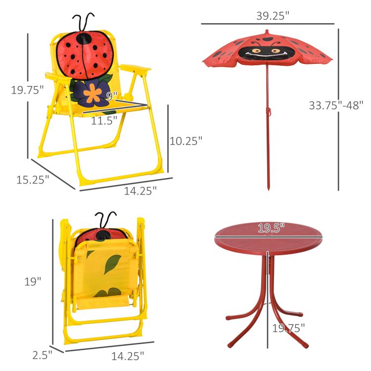 Kids table, two folding chairs, and red umbrella set with dimension measurements