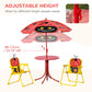 Adjustable-height red ladybug umbrella with round table and two yellow folding chairs