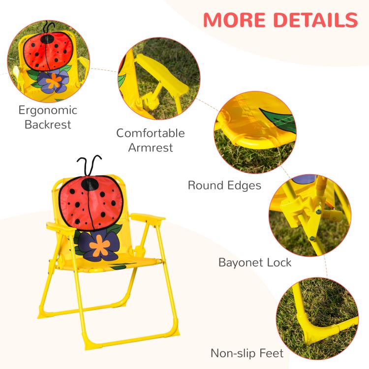 Yellow ladybug kids folding chair with backrest, armrests, and non-slip feet