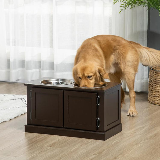 Elevated dog bowl stand with two stainless steel bowls as a dog eats, dark brown