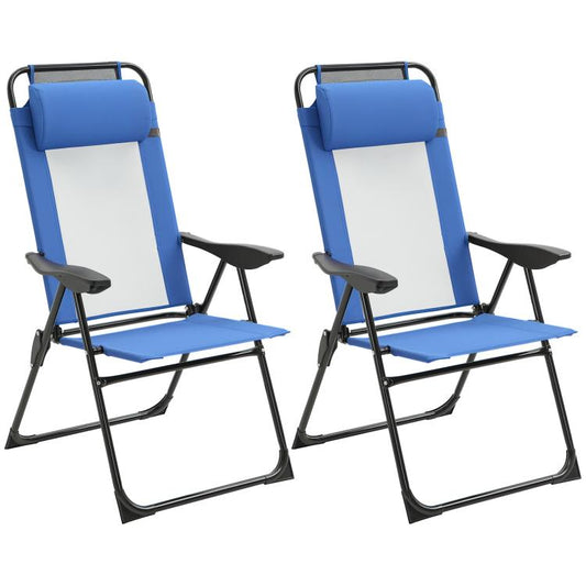 Blue folding patio dining chair with removable headrest, white seat panel