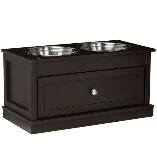 Brown elevated dog bowl stand with two stainless steel bowls and front drawer