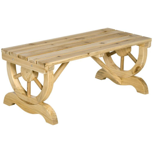 Natural wood outdoor garden bench with wagon-wheel legs and slatted seat, side view