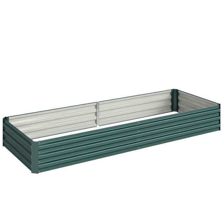 Green galvanized raised garden bed frame with ridged panels and corner posts