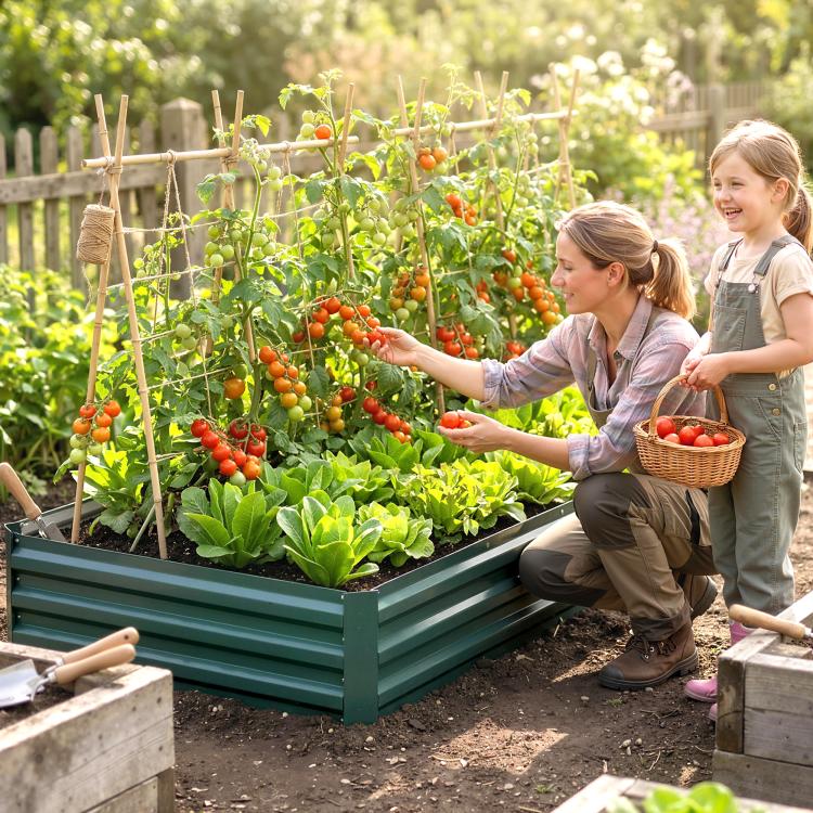 Green raised garden bed with tomato vines and leafy plants, tended outdoors