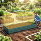 Green raised garden bed filled with soil, showing full base frame and corners