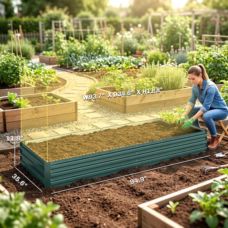 Green raised garden bed filled with soil, showing full base frame and corners