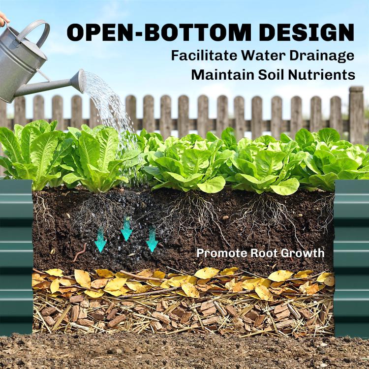 Green raised garden bed open-bottom cross-section showing drainage and soil layers