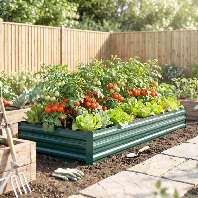 Green raised garden bed with leafy greens and tomato plants near a garden path