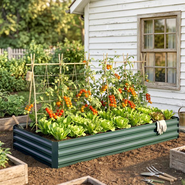 Green raised garden bed beside a house, filled with tomato vines and leafy greens