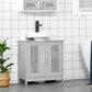 Grey under-sink bathroom storage cabinet with two doors and slatted ventilation panels.